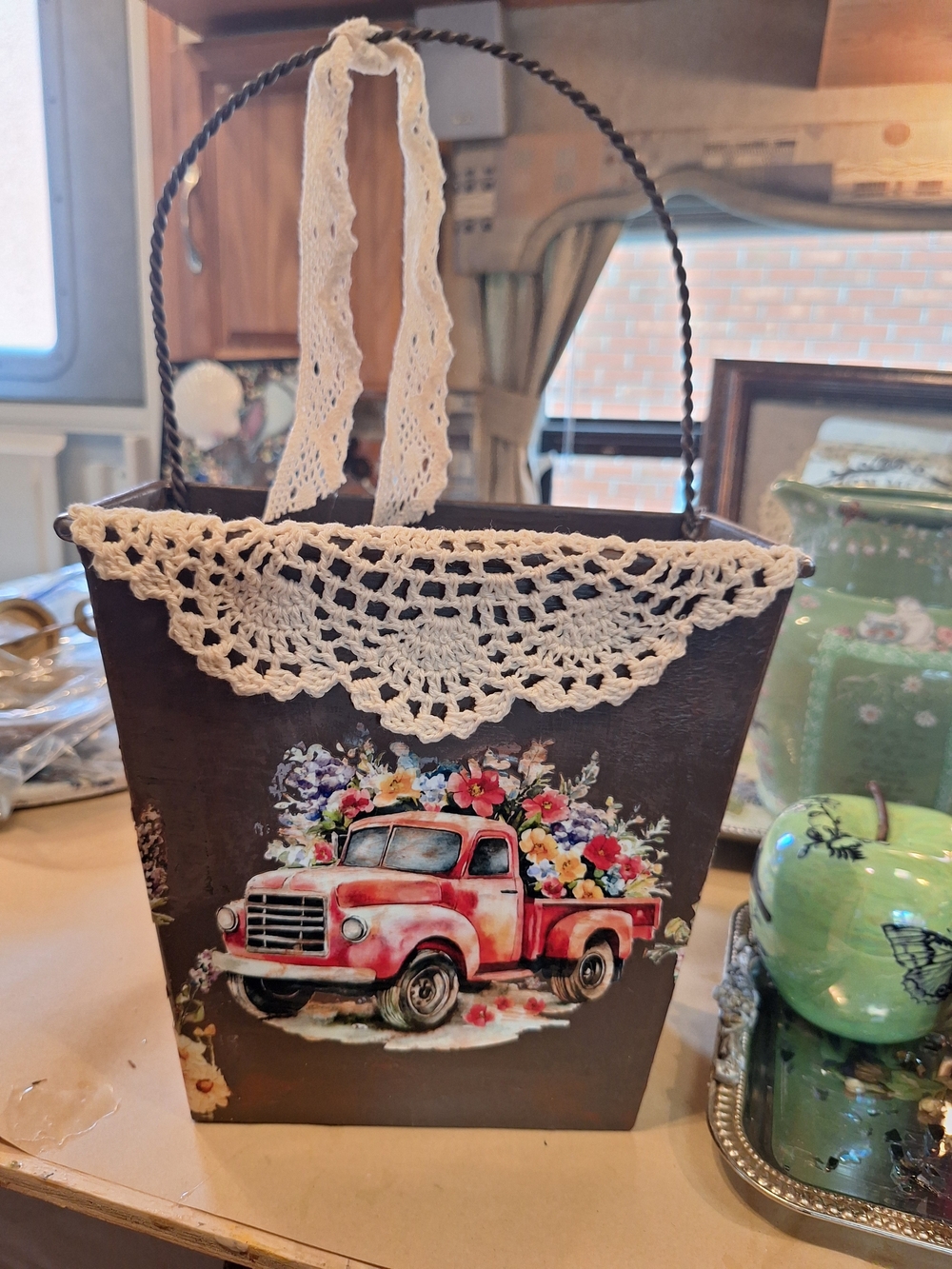Rustic Red Floral Truck Hanging Basket with Crochet Trim